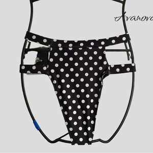 Avanova Black White Polka Dot Cut Out Elastic Strap One Piece Bikini Bottom S S